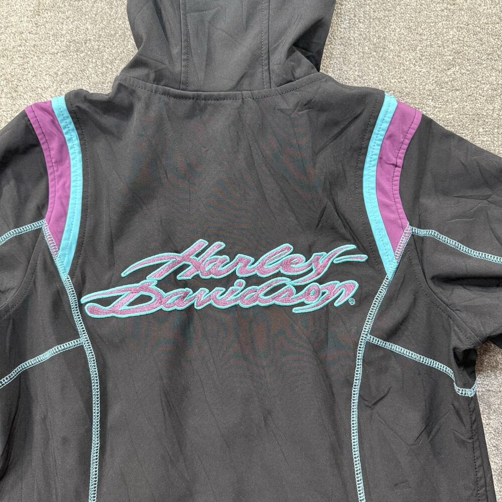 Harley-Davidson Womens Colorblock Soft Shell Jacket M Black Teal Purple Hooded - Picture 13 of 13